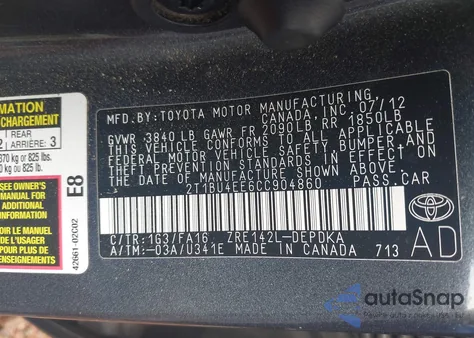 2012 Toyota Corolla L from USA, damaged, VIN 2T1BU4EE6CC904860